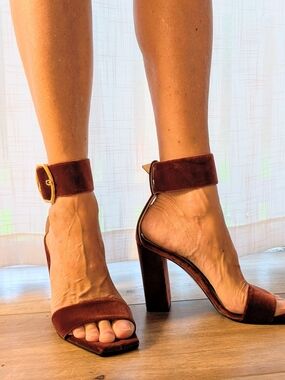 Banana Republic Rust Brown Velvet Block Heel Sandals with Ankle Strap